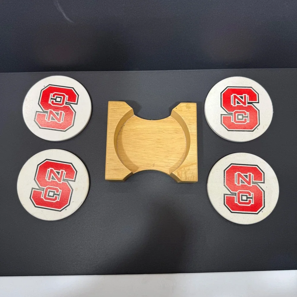 NC State Wolfpack Coaster Set 4 Piece Red White Block S Logo Wood Holder Cork